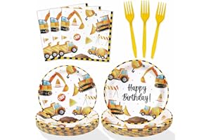 HEBOLAND Construction Theme Birthday Party Decorations Plates Set 25 Guests,100 Pcs Plates Napkins Forks Boys Kids Construction Excavator Birthday Party Supplies