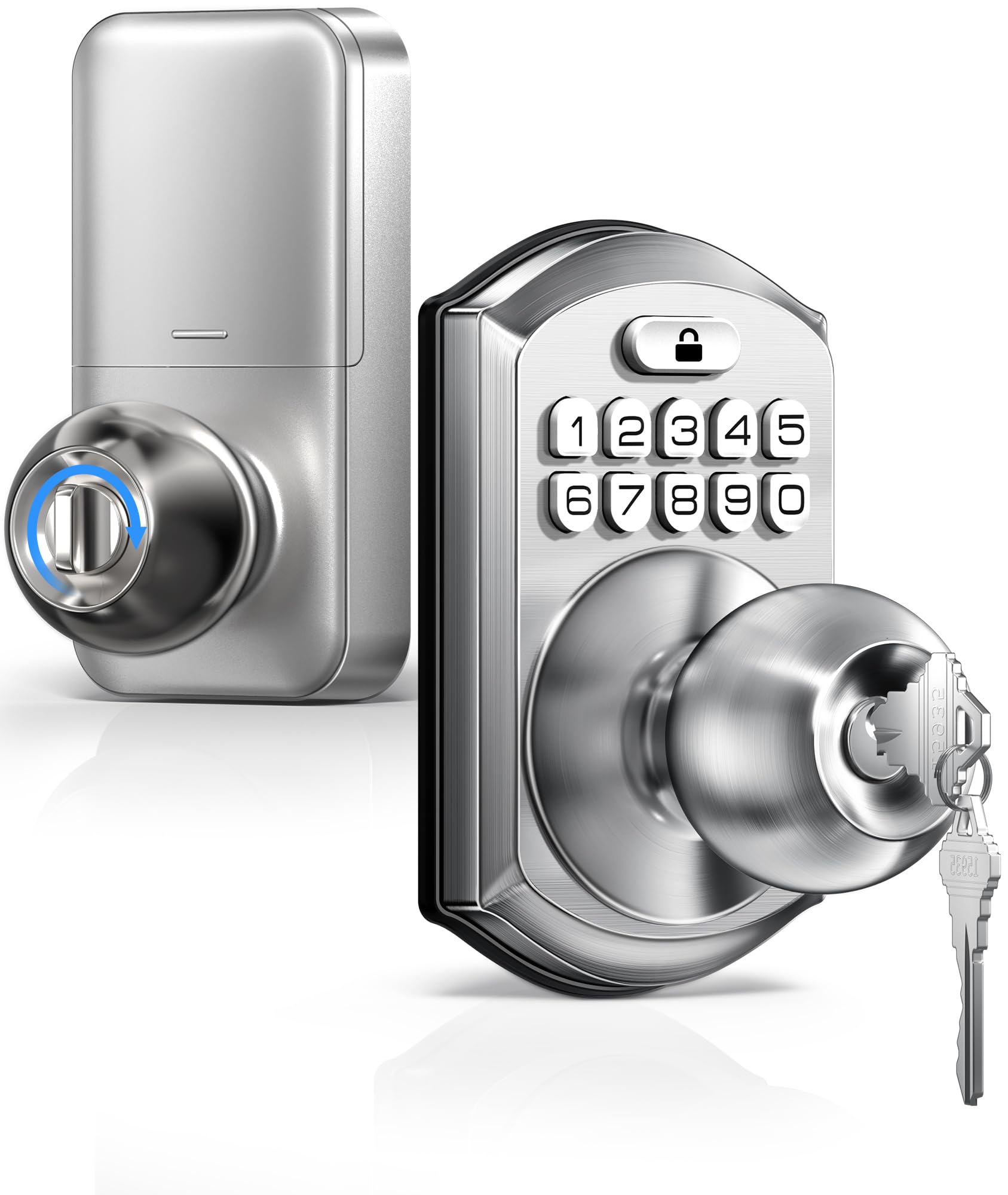 Photo 1 of TEEHO Keyless Entry Keypad Door Lock with Handle, Electronic Digital Smart Locks for Front Door, Easy to Install Keypad Deadbolt with Code for Bedroom, Anti-Peeping Password - Nickel