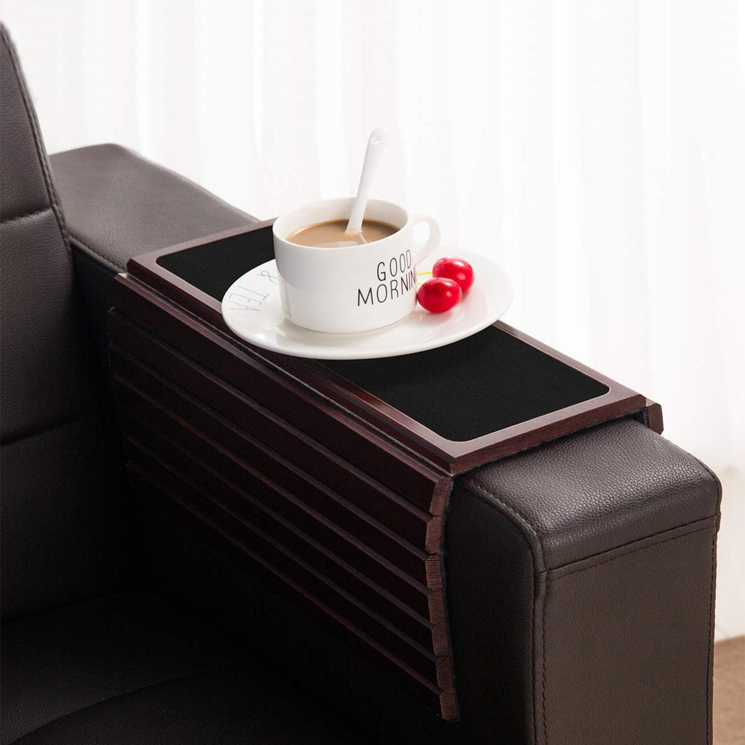 Bamboo Wood Sofa Arm Tray Table Foldable Foldable Bamboo Tray Table Wooden Sofa Armrest Side Table for Drinks, Snacks, Remote Control or Phone, Couch Cup Holder