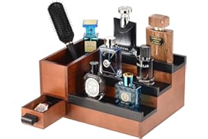 GLOKUUCA Perfume Stand Organizer for Men, 3 Tier Perfume Display Shelf with Velvet Lining Drawer and Hidden Compartment (Walnut Black - 1 Drawer)