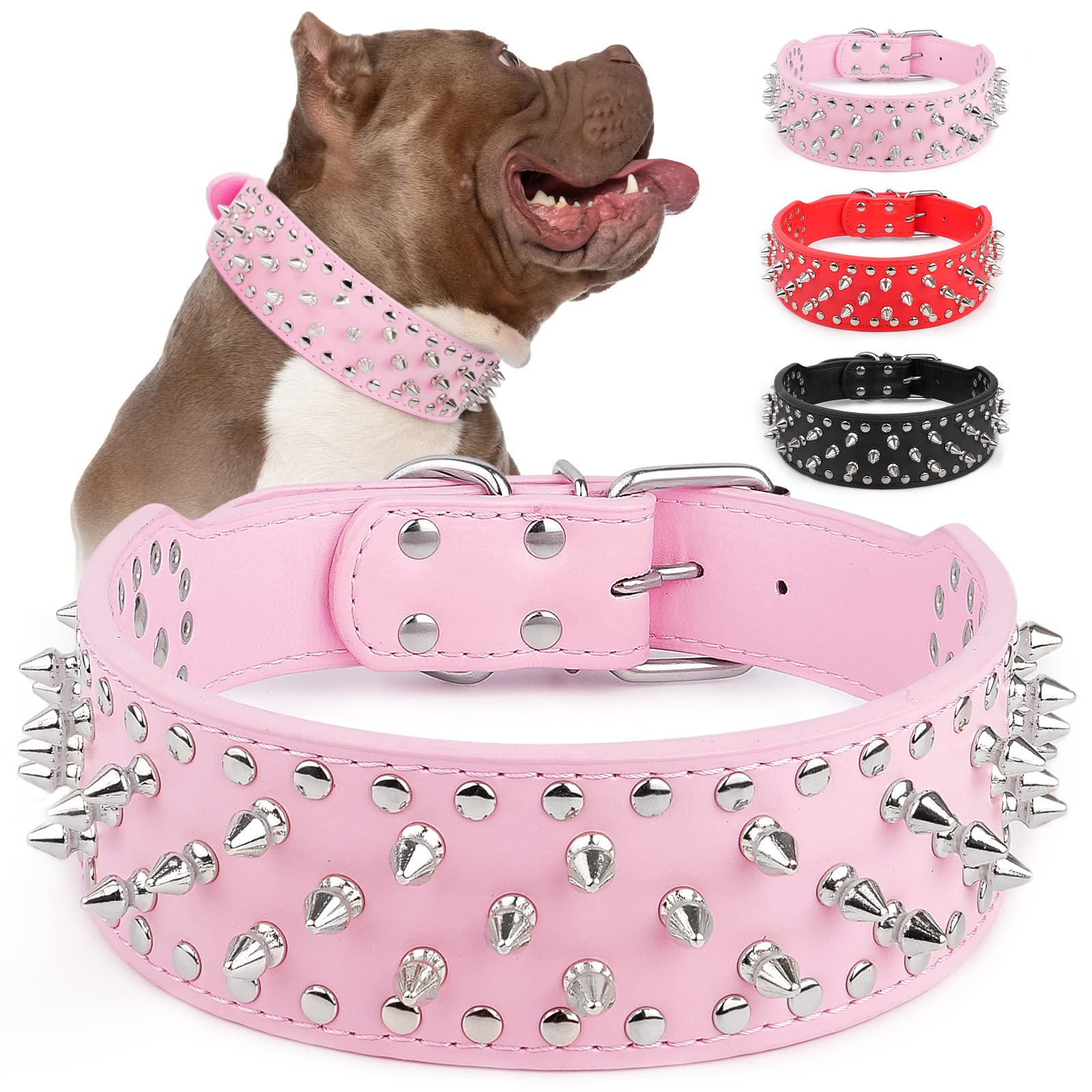 Photo 1 of *large* Epesiri Adjustable Wide Spiked Dog Collar, Mushroom Rivet PU Leather Cat Dog Collars, Durable Spike Studded Pet Collar for Small Medium Large Breed, PitBull Mastiff Bulldog Pugs Husky Rottweiler, Pink