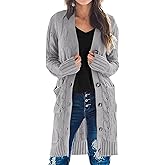 PRETTYGARDEN Long Sleeve Cable Knit Long Cardigan for Women 2026 Spring Winter Chunky Open Front Button Sweaters with Pockets