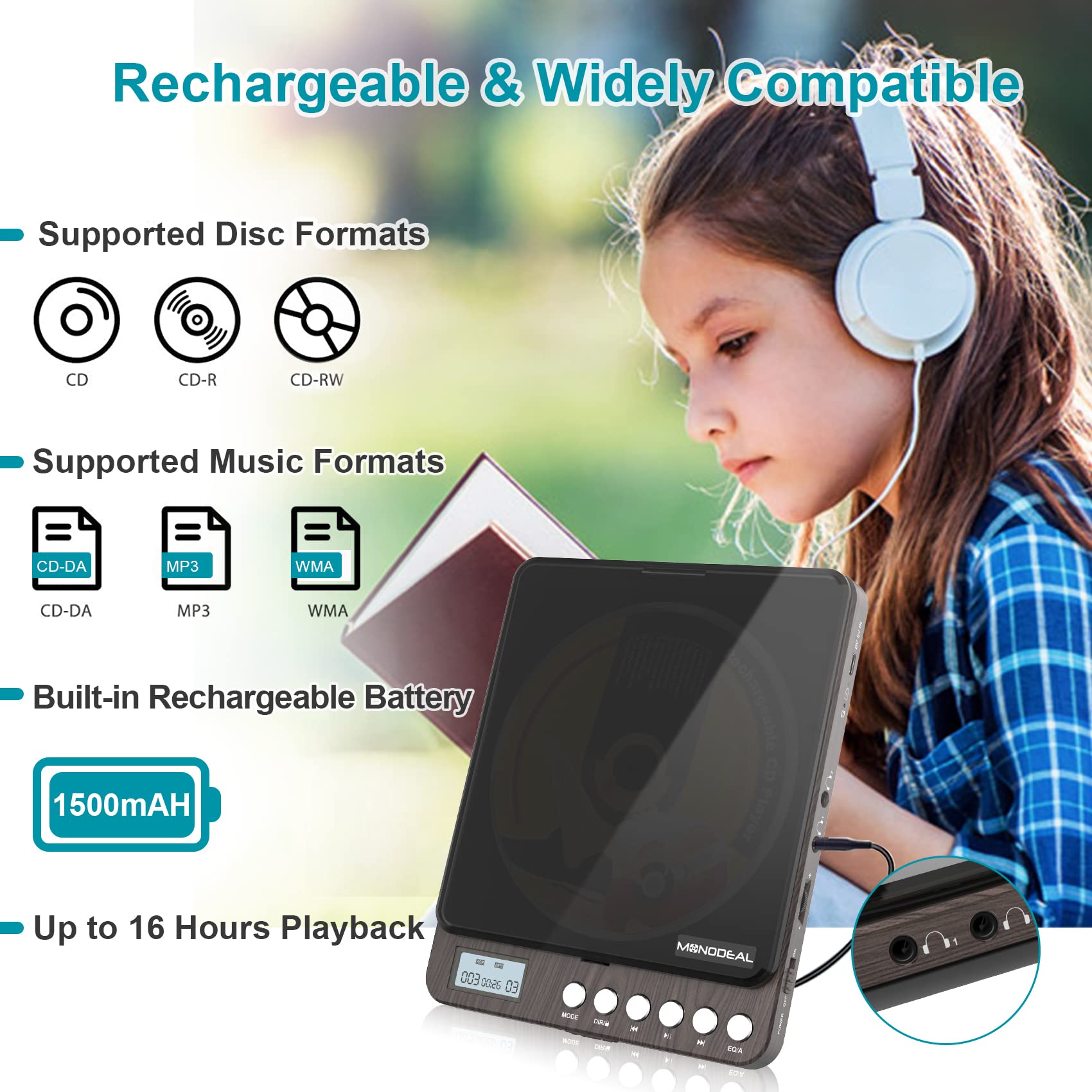CD Player Portable, MONODEAL Portable Rechargeable Player with Dual Headphones Jack, Small Anti-Skip CD Player for Car/Travel/Home, Personal CD Player for Adults Kids (Dark Brown)