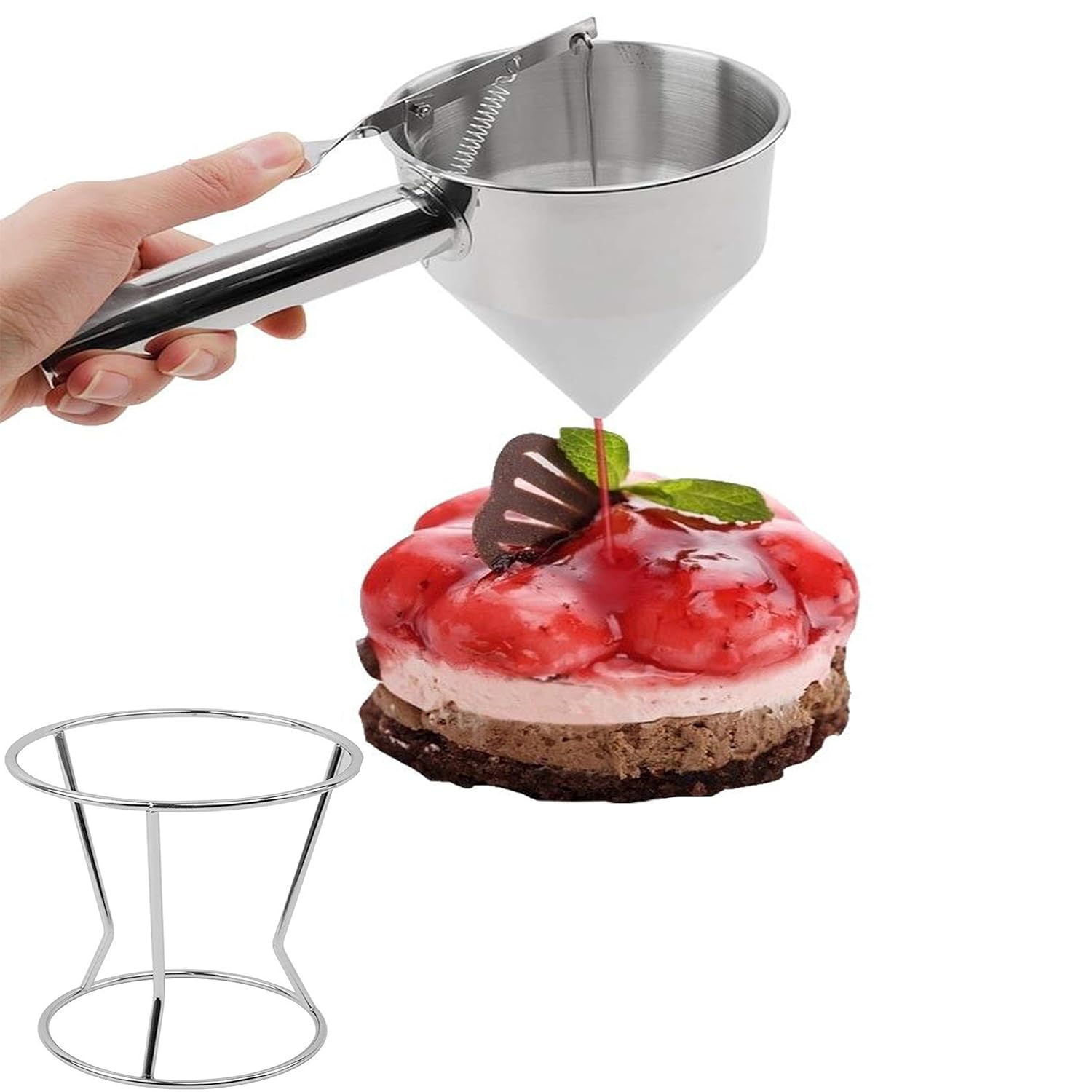 Confectionery Funnel Pancake Batter Dispenser with Stand Rack - 1000 ML Stainless Steel Cupcake Funnel - Pancake Maker Home Kitchen - 4 Cup DIY Baking Tool - (10” x 10.5” x 5.5”)