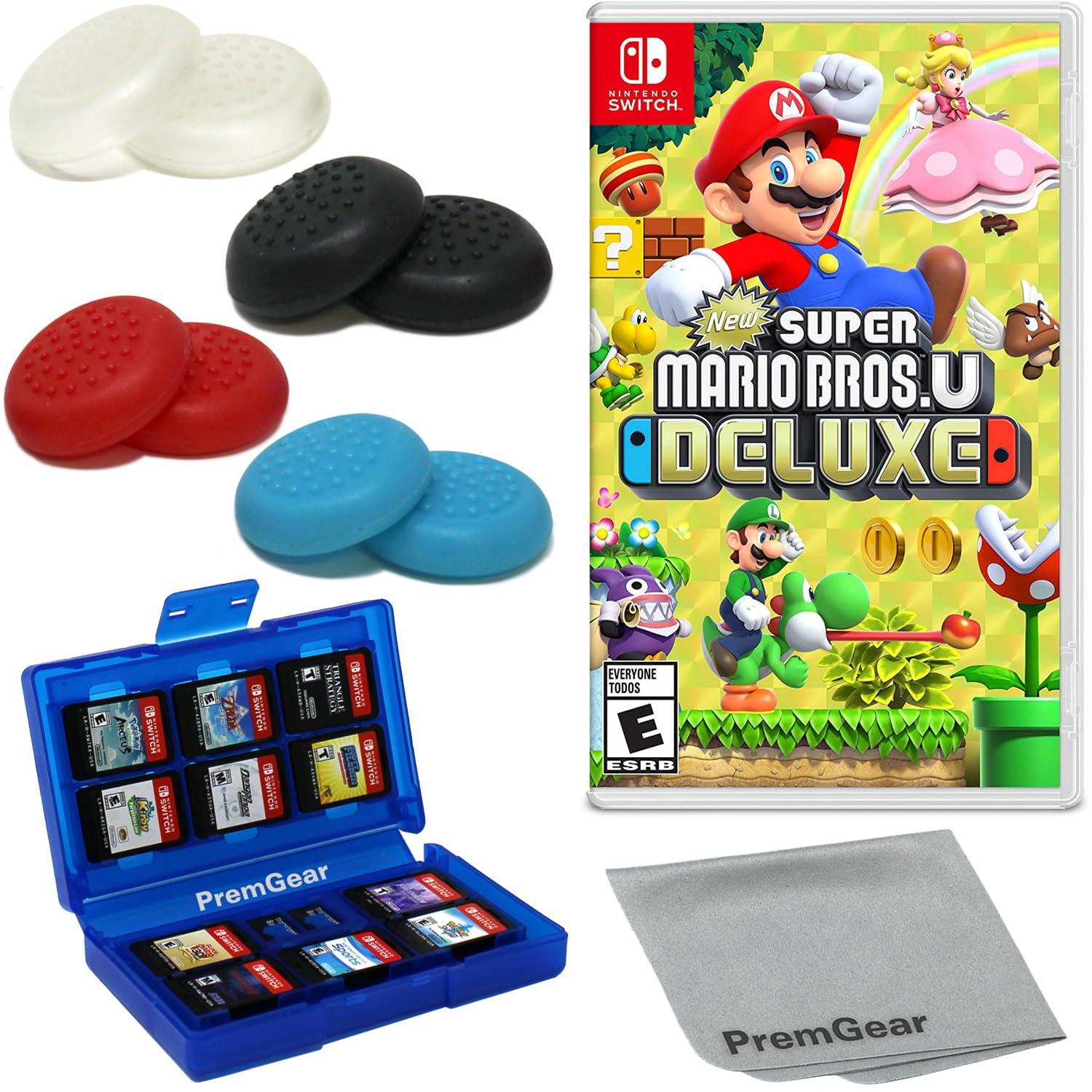 New Super Mario Bros. U Deluxe for Nintendo Switch (US Version), with PremGear Thumb Grips (8 pack - Black, Blue, Red & Clear), 24 Slot Game Card Holder & Cleaning Cloth