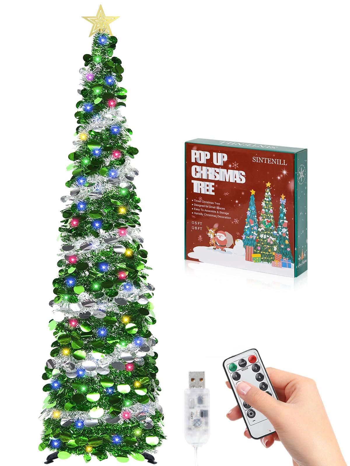Photo 1 of SINTENILL 6 FT Pop Up Christmas Tree with 100 LED Timer Lights & Remote, Green Collapsible Christmas Tinsel Tree Artificial Pencil Tree Xmas Decoration for Holiday Home Office Party, USB Powered