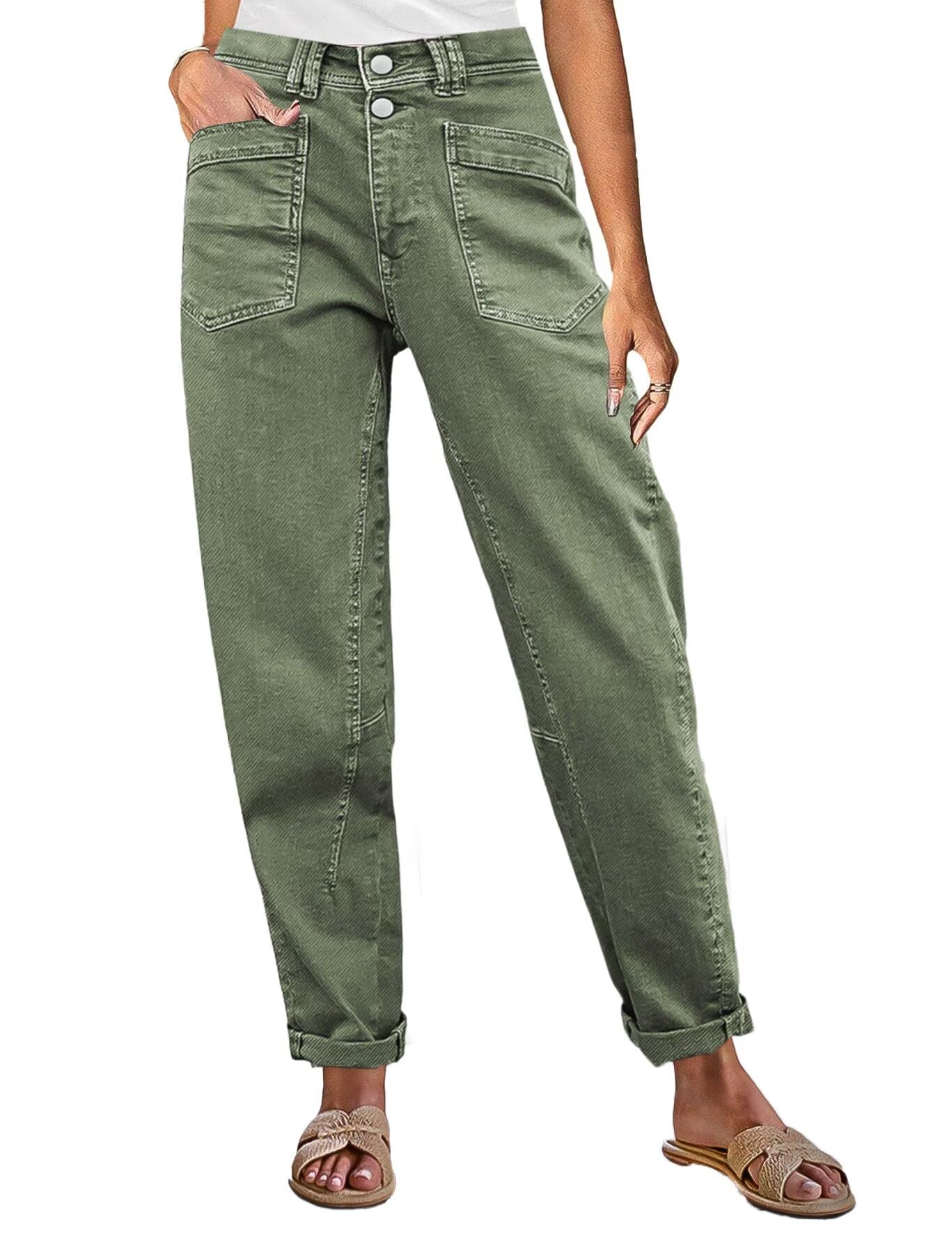 Photo 1 of Flamingals Mid Rise Straight Leg Pants Women Stitch Detailing Workout Dressy Cropped Pants Spring Summer Trendy Army Green L