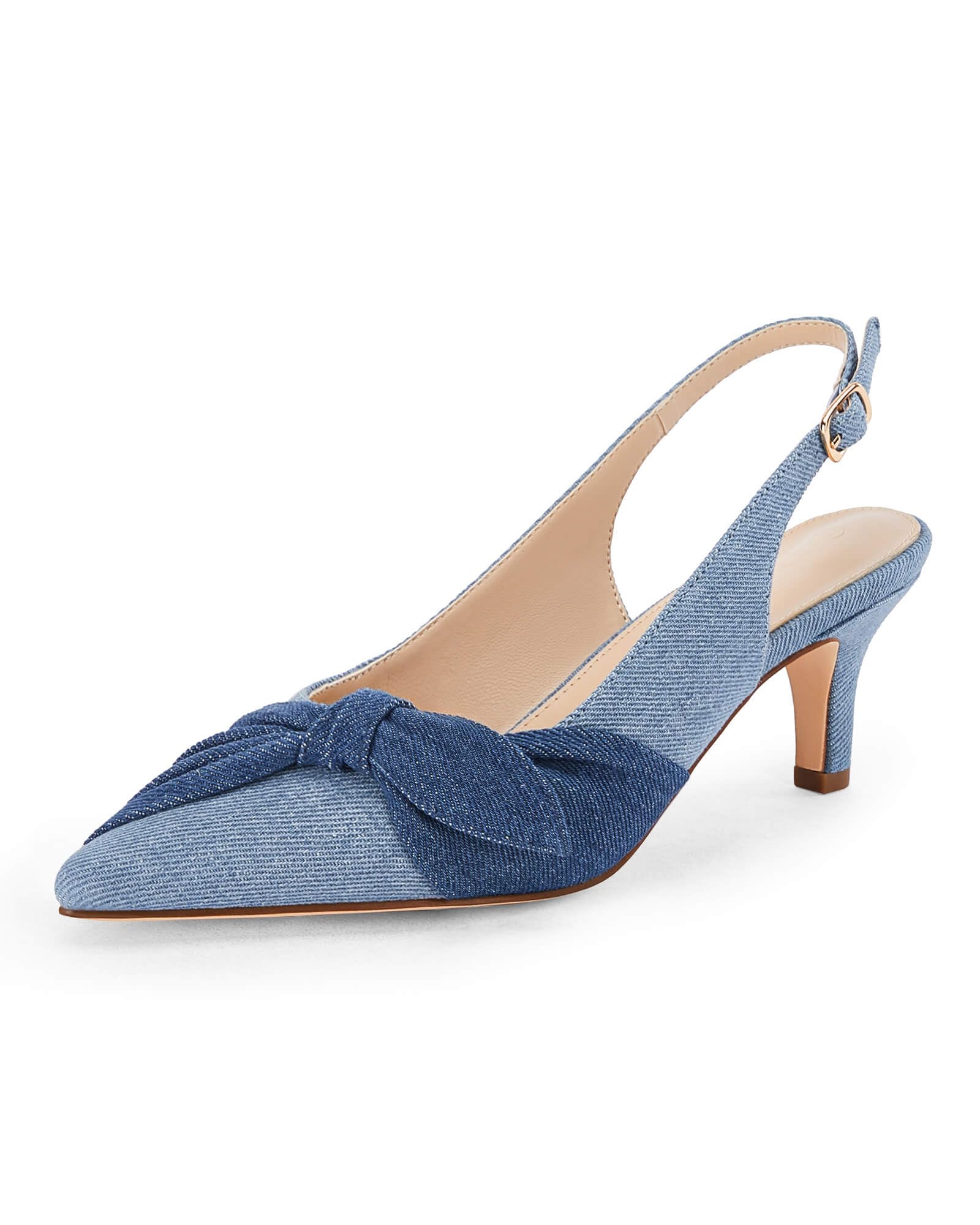 Photo 1 of Coutgo Womens Bow Heels Slingback Pumps Low Kitten Heels Closed Pointed Toe Sandals Denim Dress Shoes, Jean Blue, Size 7.5