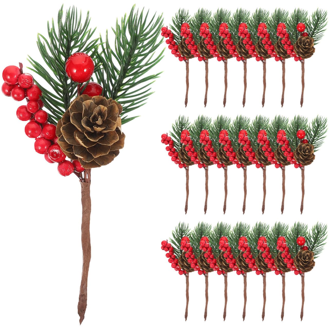 COHEALI Christmas Branch 10Pcs Artificial Pine Picks with Red Berries and Pine Cones Xmas Tree Decorations Festive Holiday Home Table Decor