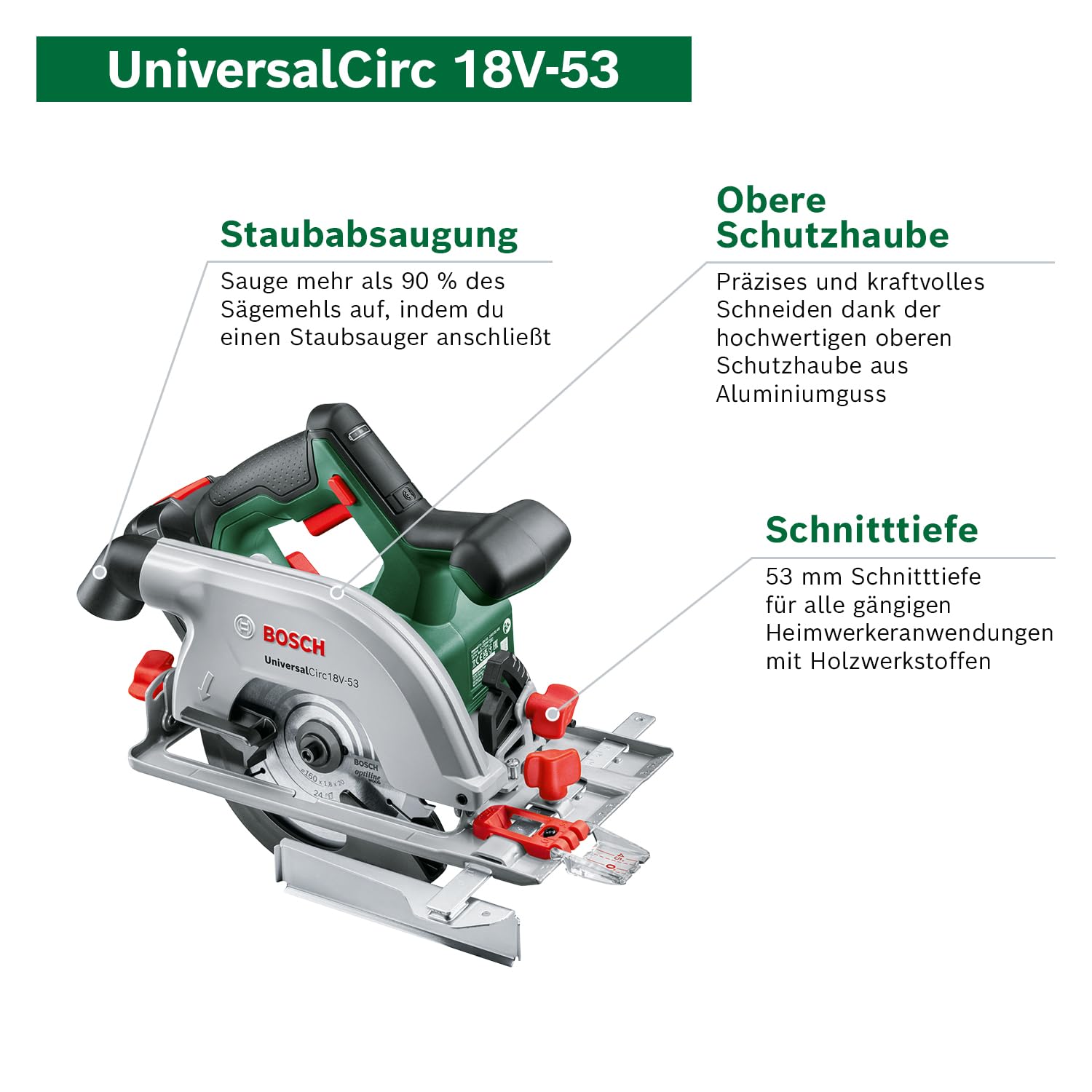 Bosch Akku-Kreissäge UniversalCirc 18V-53 (Präzises Sägen in jedem Holzmaterial; max. Schnitttiefe 53 mm; 2 tlg. Führungsschienenset; 18 Volt System; ohne Akku) – Amazon Edition 2