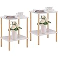 Apicizon 2 Tier End Table Set of 2, Boho Side Table with Storage Shelf, Nightstand Bedside Table for Small Spaces, Bedroom, Living Room, Entryway, Farmhouse, Easy Assembly, White+Natural