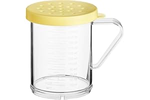 GENERIC Polycarbonate Dredge Shaker with Yellow Lid, 10 oz. Clear Plastic Dredge cheese/Spice Shaker with Marks measurements and 4 mm Hole Diameter by Geex Depot US. (Large holes)