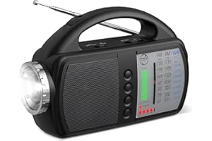 Audiocrazy AM FM NOAA Weather Radio,Portable Emergency Radio with Flashlight, Bluetooth 5.0, USB, AUX in Powered by Built-in Rechargeable Battery or 4 AA Battery for Home Indoor Black