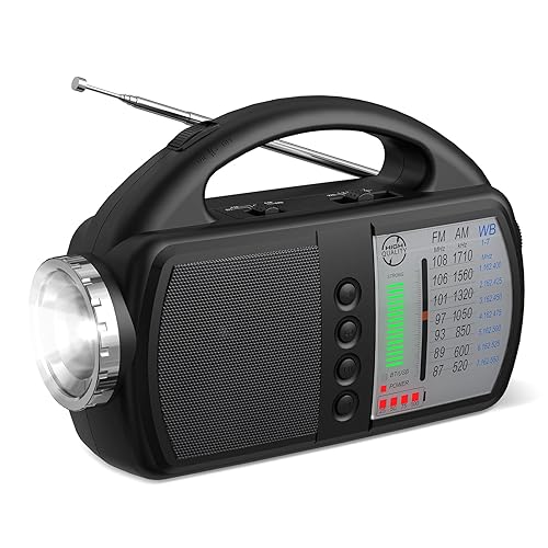 Audiocrazy AM FM NOAA Weather Radio,Portable Emergency Radio with Flashlight, Bluetooth 5.0, USB, AUX in Powered by Built-in Rechargeable Battery or 4 AA Battery for Home Indoor Black