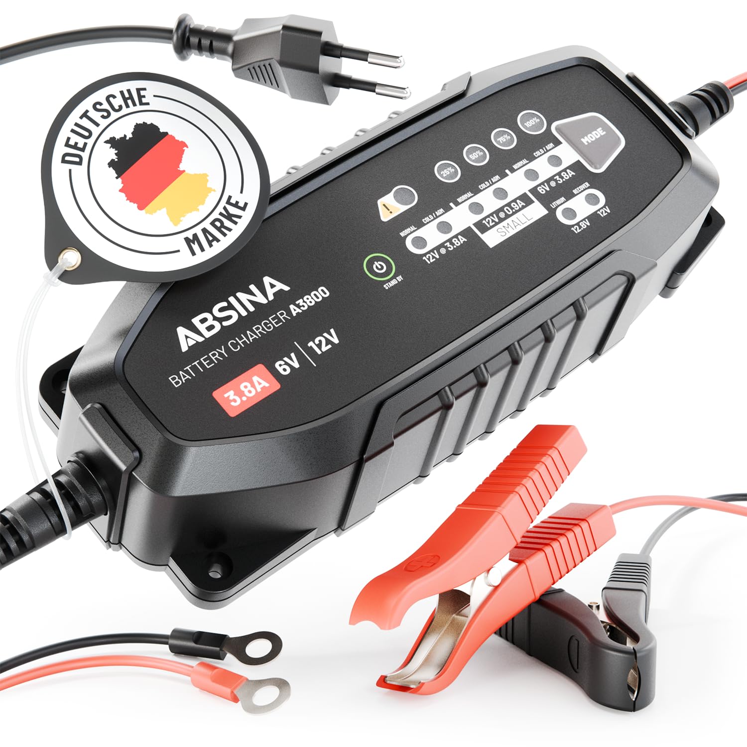 ABSINA 3,8 A Batterieladegerät KFZ für 6V & 12V Blei Batterie bis 120Ah & 12,8V Lithium - Ladegerät Autobatterie - AGM Ladegerät 12V für Auto Motorrad Wohnwagen - Erhaltungsladegerät