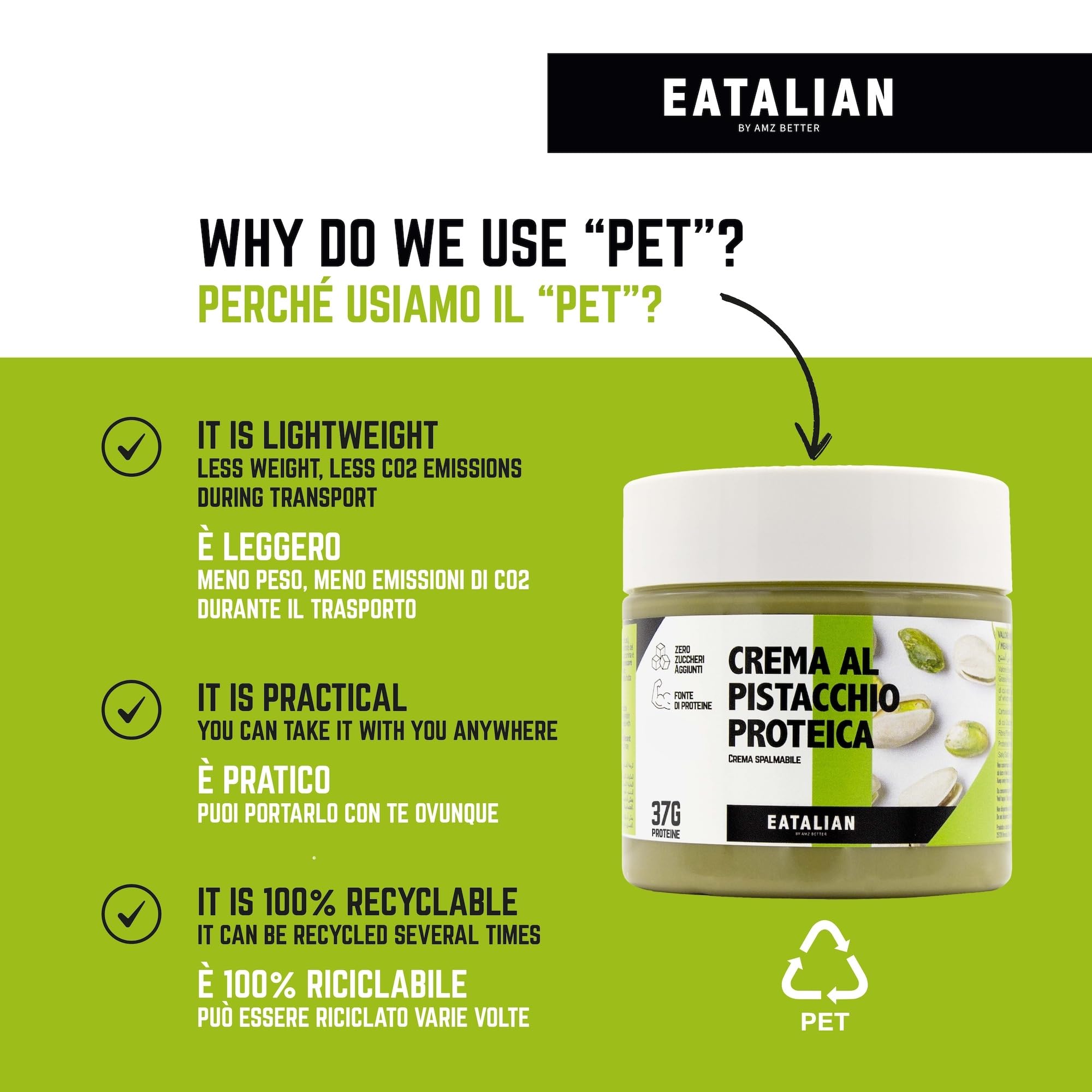 EATALIAN by AMZ BETTER Protein-Pistaziencreme, Köstliche streichfähige Creme mit Süßem und Einzigartigem Geschmack, mit 37 g Protein, Ideal auf Brot, für Dubai Chocolate, 200 gr Made in Italy 6