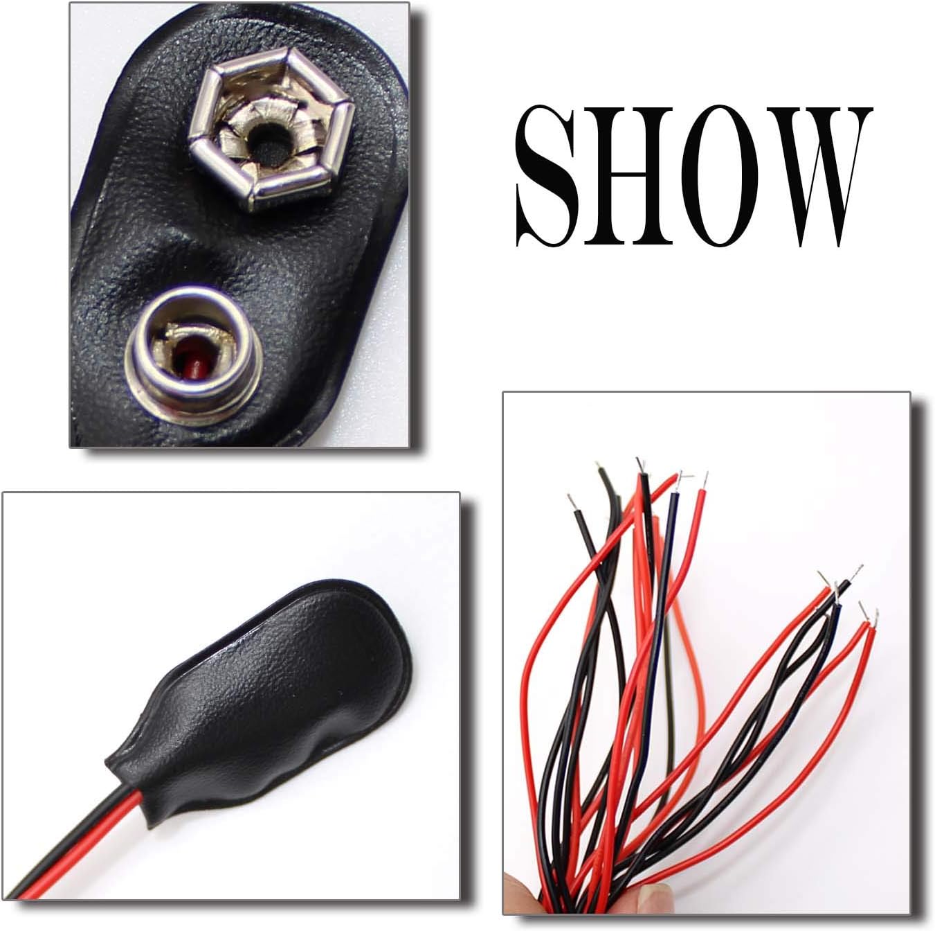 WJUAN 10 Pcs 9V Battery Clip Connector with 15 cm Connection Cable for 9v Blocks I- Shape Plastic and Leather Battery Snap Connector (Black) - Image 3