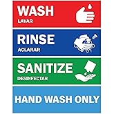 Wash, Rinse, Sanitize Sink Labels - 2.75" x 9" - Also Includes Hand Wash Only Sign - Ideal Handwashing Signs for 3 Compartmen