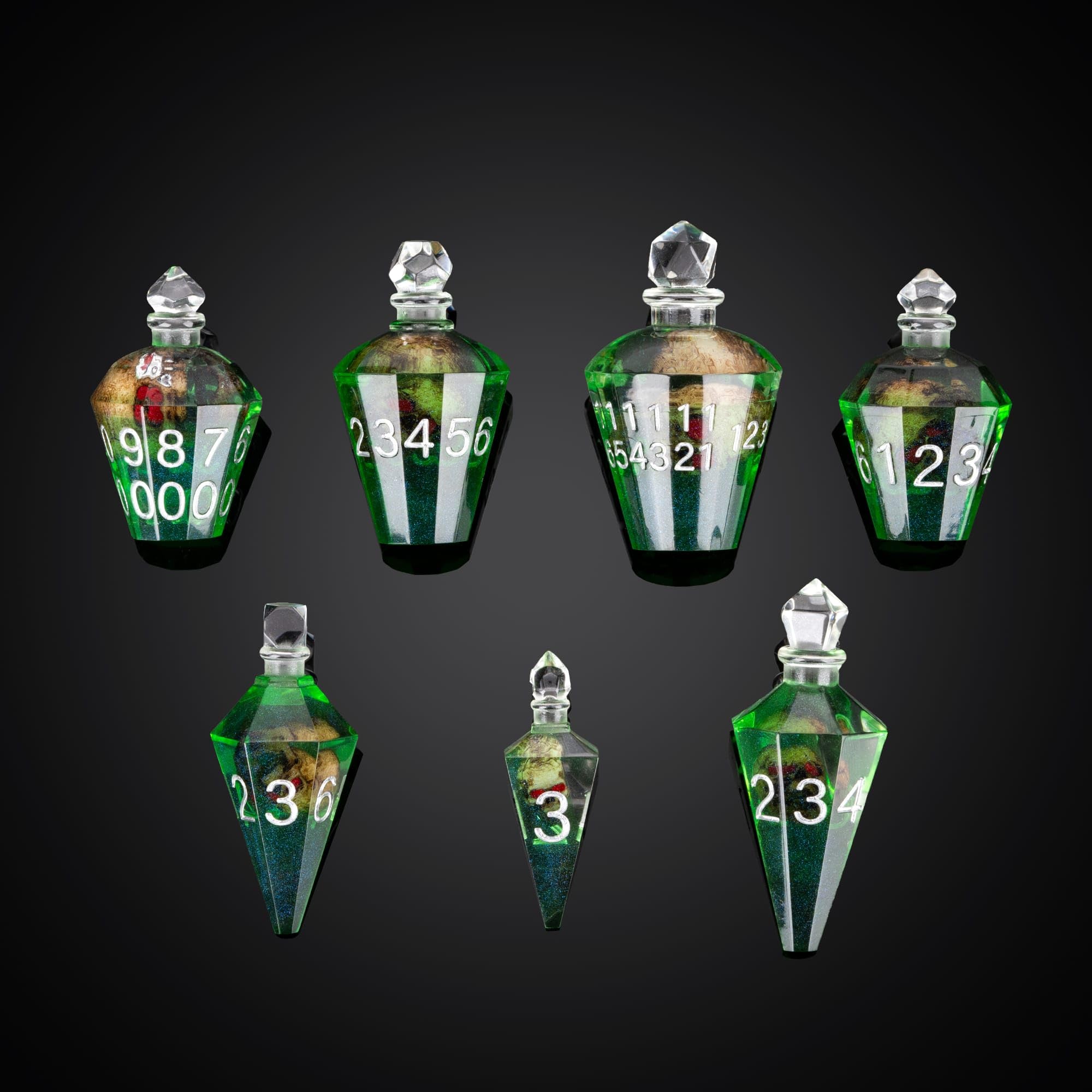 Cusdie 7-Die Sharp Edges DND Dice Set, Potion Shaped D&D Dice, Handcrafted Polyhedral Dice Set, Potion Dice for TTRPG Role Playing Game Pathfinder(Green w/Skull) — image 1