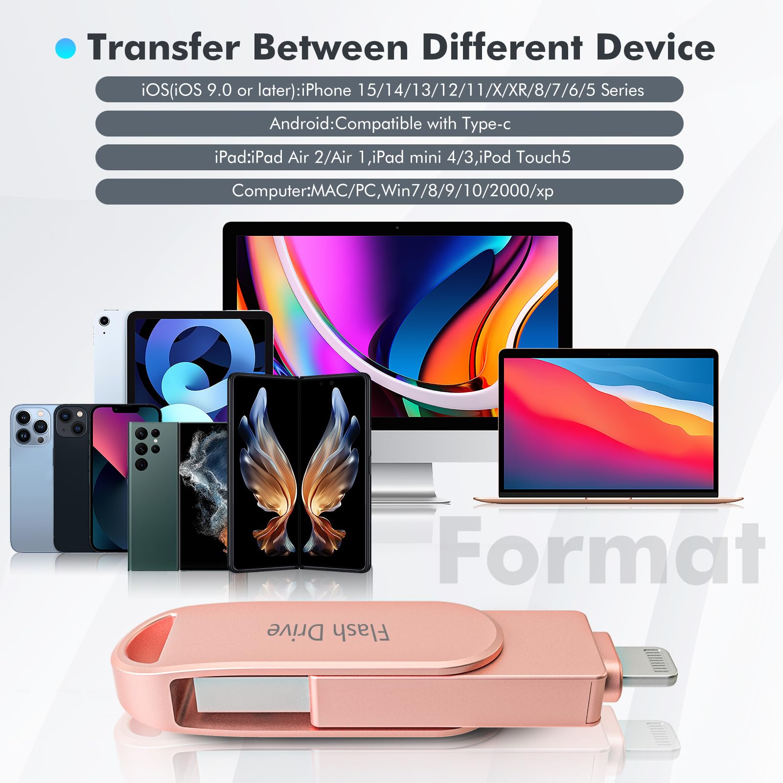 Apple MFi Certified Photo Stick, USB Flash Drive for iPhone 512GB, iPhone Memory Stick for Photo/Video Backup, High-Speed USB Stick for Photo Storage Drive Compatible for iPhone/iPad/Android/PC (Pink)