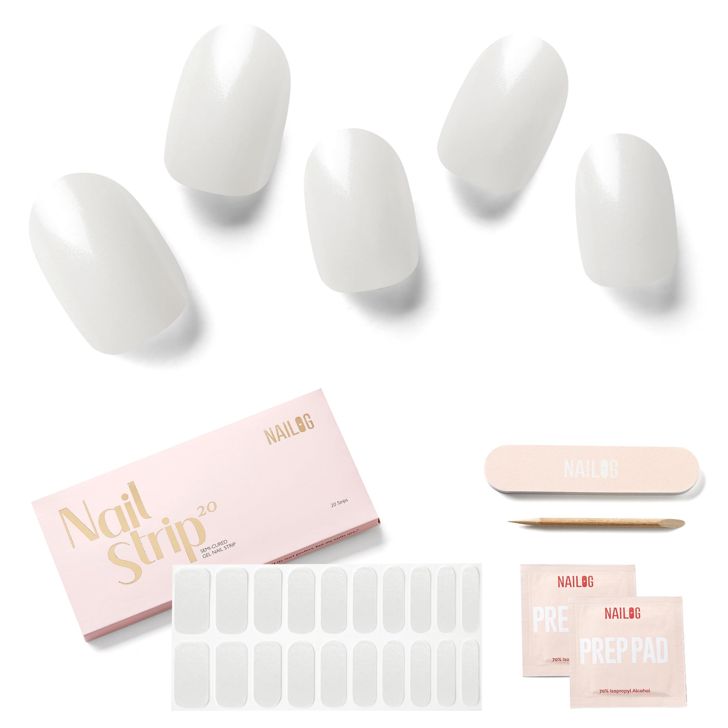 NAILOG Semi Cured Gel Nail Strips (20 Extra Long Stickers) | Glossy & Long Lasting Soft Gel Finish Wrap| Pearl White — image 1