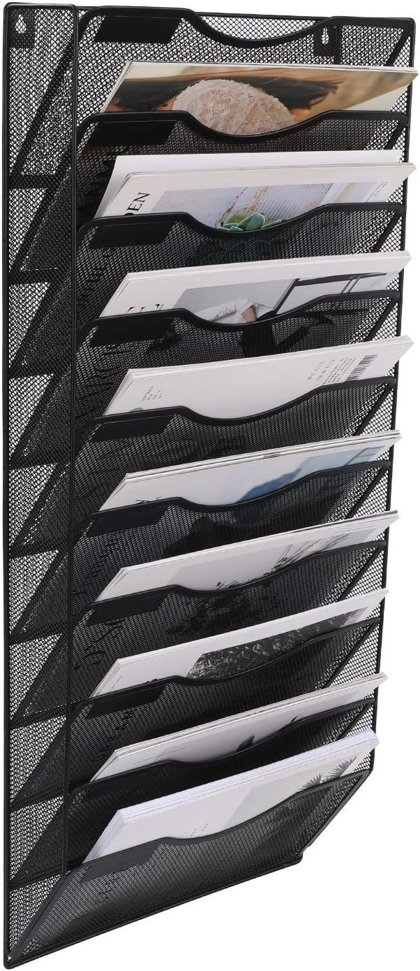 EasyPAG 10 Tier Wall File Organizer Office Mesh Metal Hanging File Folder Holder Magazine Rack, Black : Office Products
