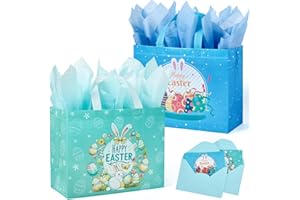 YANGTE 2 Pack 13" Large Easter Gift Bags with Tissue Paper, Reusable Non-Woven Easter Bag with Handles for Kids Easter Egg Hunts, Easter Basket for Kids Easter Party Supplies, Easter Treat Bags