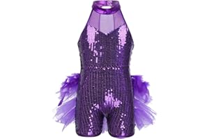 JEATHA Kids Girls Sleeveless Mock Neck Shiny Sequins Mesh Splice Leotard Ballet Jazz Latin Dance Costumes