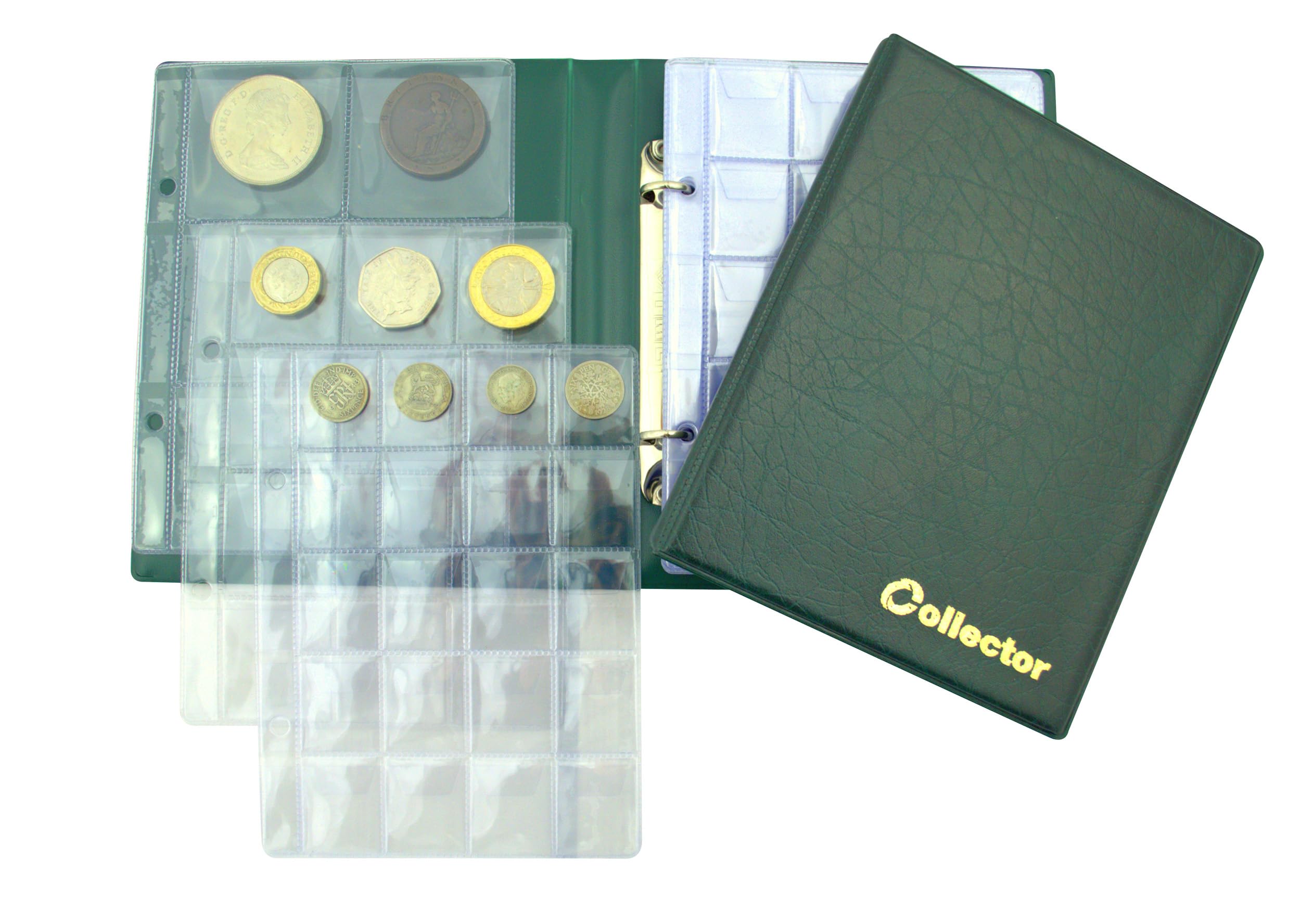 COLLECTOR - Coin Album for 126 mix sizes coins, 10 Pages, 2.5 cm thick, Includes pages with Pockets for Small to Large Coins (Green)