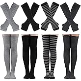 Elfcool 2/4 Sets Womens Long Striped Knee High Socks Knit Fingerless Arm Warmers for Halloween Christmas