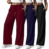 Huukeay 3 Pack Women Plus Size Pants, Straight Wide Leg Lounge Pants Elastic Fall Drawstring Casual Loose Trouser with Pocket