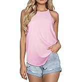 ZENUTA Womens Tank Tops, High Neck Tank Top for Women, Casual Halter Tops for Women, Loose Fit Basic Tee Shirts Summer Sleeveless Tops, Summer Tees Blouses(Pink,S)
