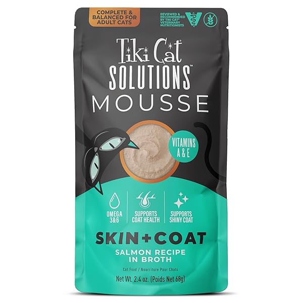 TIKI CAT SOLUTIONS MOUSSE SKIN & COAT MOUSSE, SALMON RECIPE, SPECIALLY FORMULATED WITH OMEGA FATTY ACIDS, FUNCTIONAL WET CAT FOOD FOR ADULT CATS, 2.4 OZ. POUCH (12 COUNT)