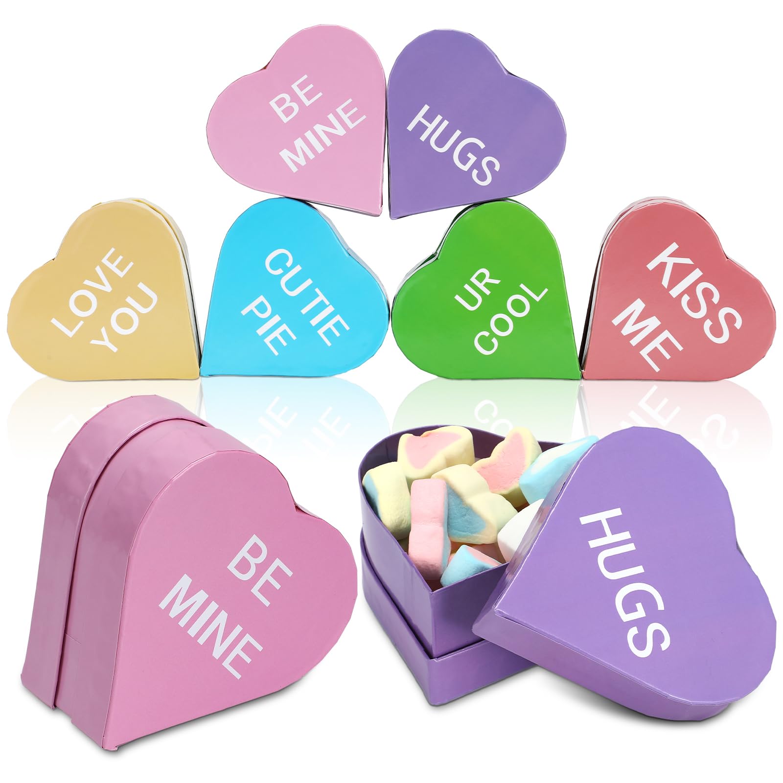 Photo 1 of Resurhang 6pcs Conversation Heart Boxes for Valentine's Day, 4 Inch Candy Heart Gift Box Set Bulk Hugs Be Mine Love You Kiss Me Design Valentine Party Classroom Exchange Favors Portable Snack Sharing
