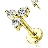 COCHARM 14K Real Gold Helix Cartilage Conch Earring Stud 16g Flat Back Triple CZ Cartilage Helix Tragus Piercing Jewelry 14K Solid Gold Labret Stud Internally Threaded Labret Piercing 14kt