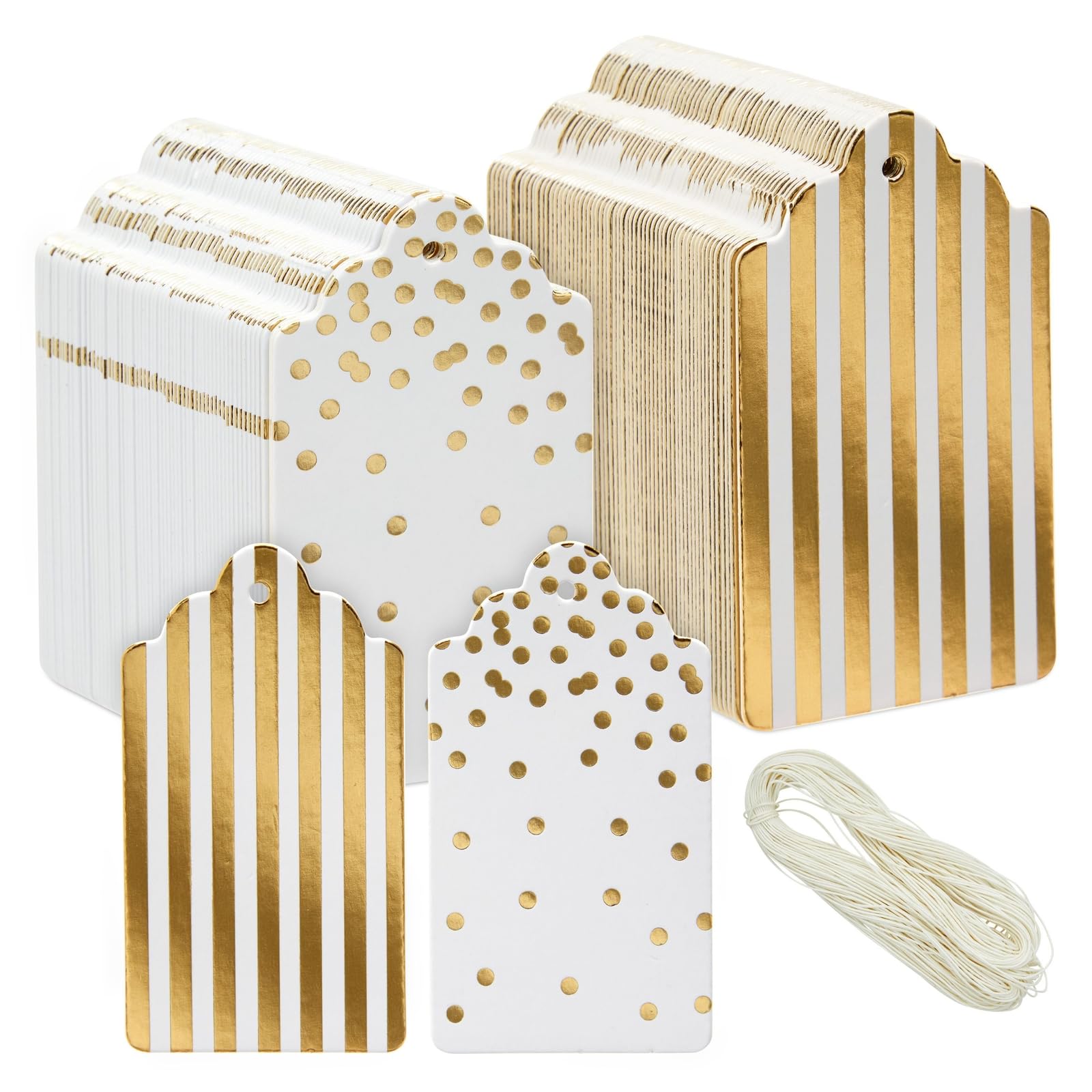 Photo 1 of 120 Pcs Gold Foil Paper Gift Tags with String for Christmas, Weddings, Party Favors, Stripes and Polka Dots Design (1.8 x 3.2 in)