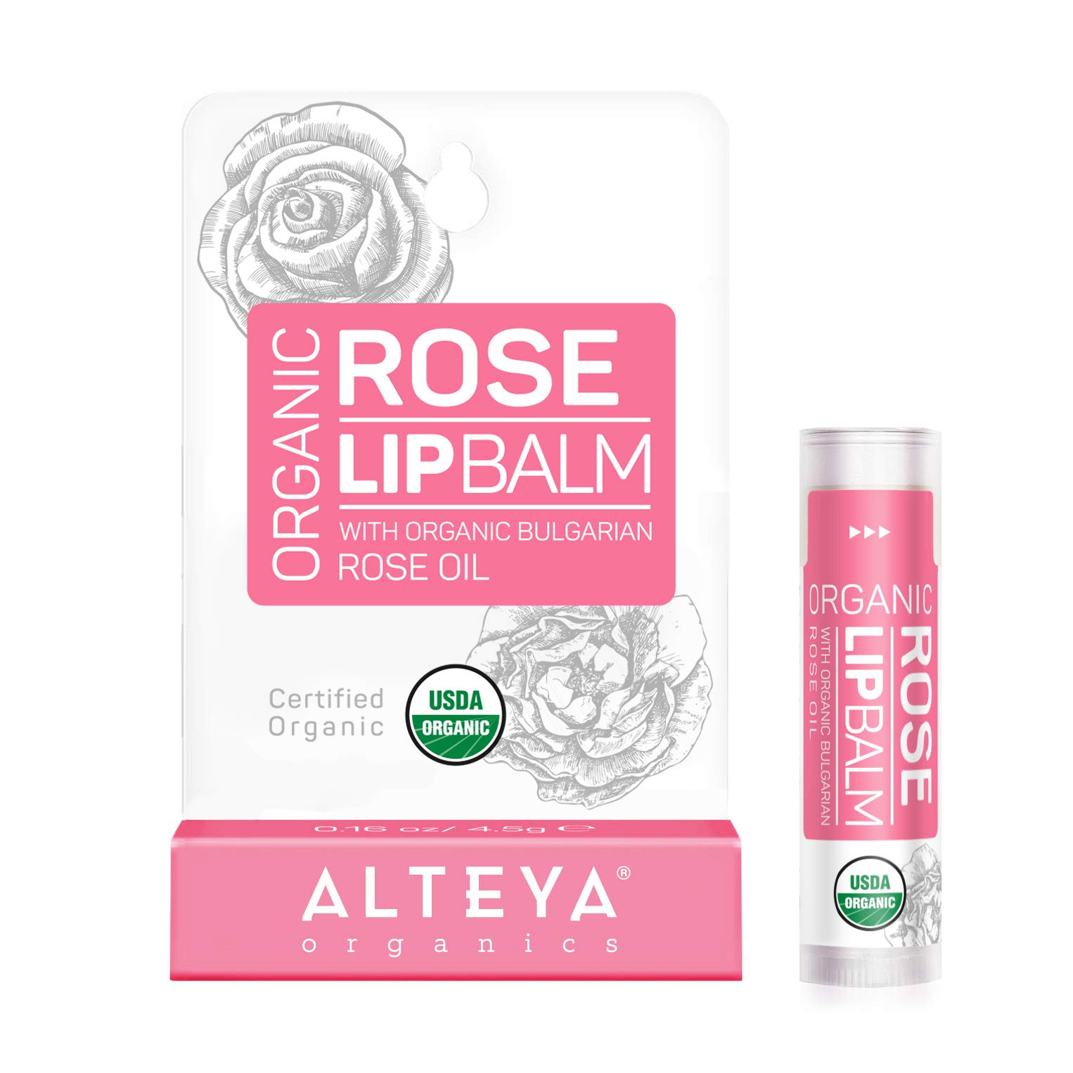 Alteya Organic Lip Balm Rose 4,5g - USDA Certified Organic Pure Natural Replenishing Lip Care based on Bulgarian Rose Essential Oil and a Bouquet of Hydrating and Nourishing Botanical Butters