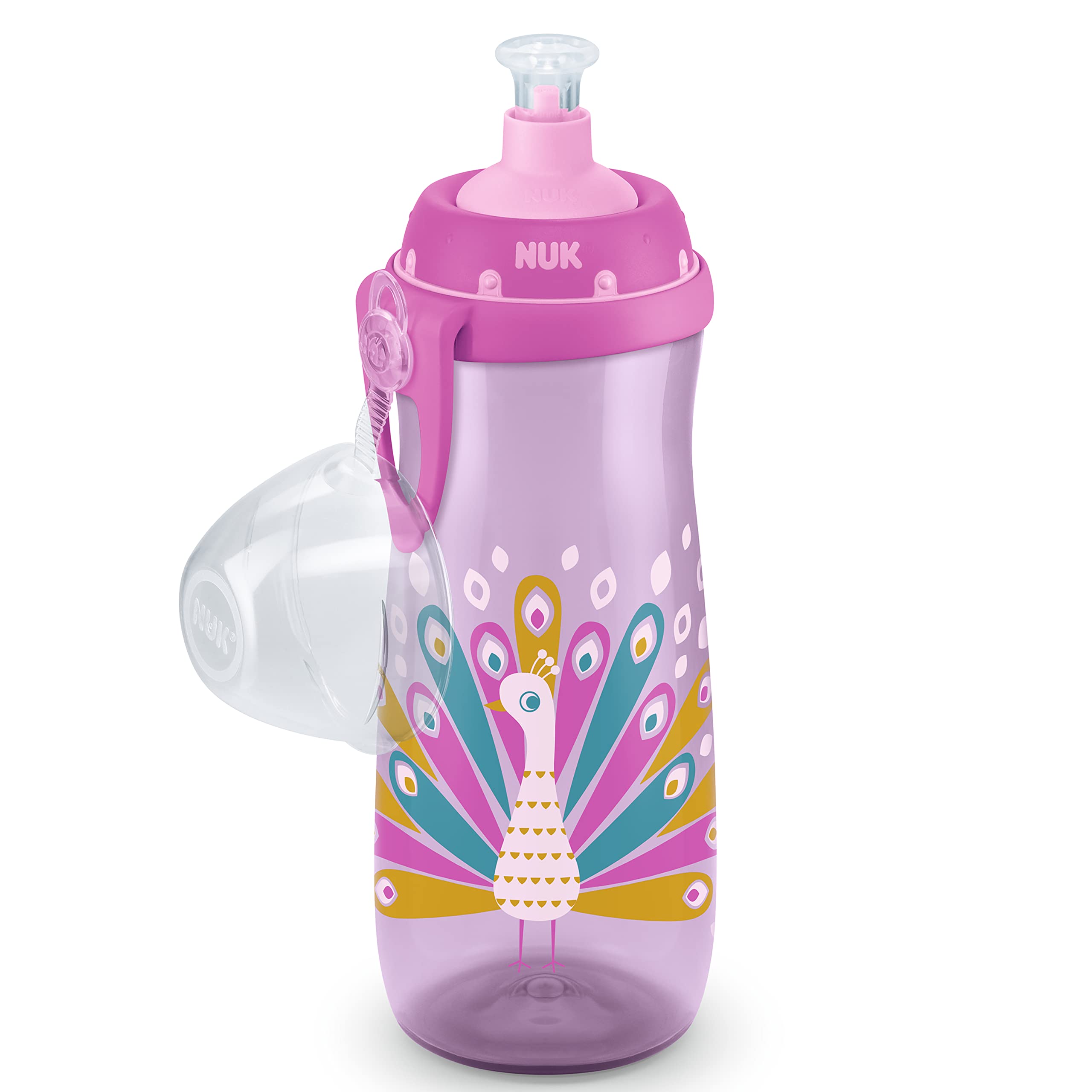 NUK Sports Cup Kinder Trinkflasche mit Chamäleon-Effekt | 24+ Monate | mit Farbwechsel | auslaufsichere Push-Pull-Trinktülle | Clip & Schutzkappe | BPA-frei | 450 ml | Pfau (lila) 2