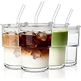 INSETLAN 13oz Portable Glass Tumblers Set of 4, Thick Wall Glass Cups with Lid and Glass Straw, On-the-Go Coffee Cups for Ice