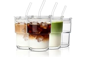 INSETLAN 13oz Portable Glass Tumblers Set of 4, Thick Wall Glass Cups with Lid and Glass Straw, On-The-Go Coffee Cups for Ice