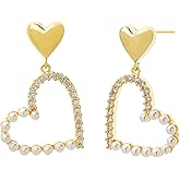 Jean Beau Heart Shaped Cubic Zirconia Pearl Dangle Earrings for Women, Gold Plated Rhinestone Heart Earring Cute Trendy Statement Jewelry Valentine Gift for Her