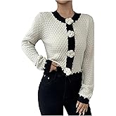 GORGLITTER Women's Floral Button Up Cropped Cardigans Pearls Long Sleeve Lightweight Dressy Cute Knit Sweater