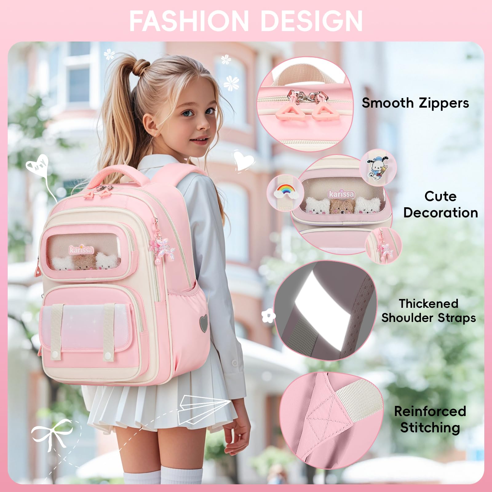 Tanou Schultasche Mädchen Rucksack Kinder Ergonomic Schulrucksack Kinderrucksack der 1. bis 5. Klasse Lässiger Ranzen Teenager für die Schule Reisen, 20 Liter, Rosa 2