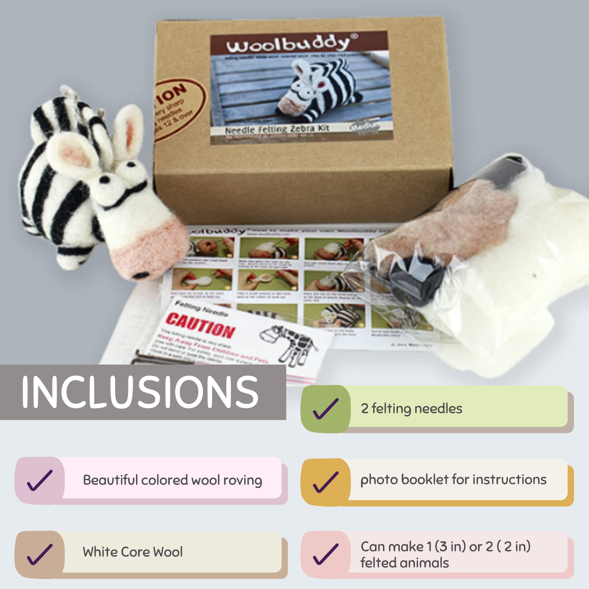 Woolbuddy Needle Felting Kit for Beginners Adults, Zebra Felt Animal DIY Project, Complete Kit with Wool, Two Needles, and Step Guide