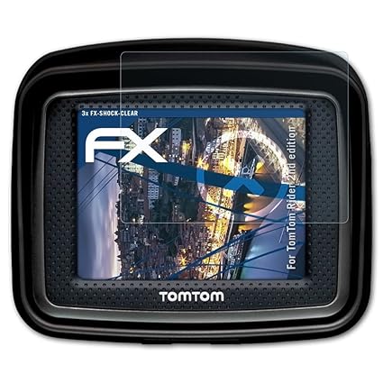 atFoliX Schutzfolie kompatibel mit Tomtom Rider 2nd Edition Panzerfolie, ultraklare und stoßdämpfende FX Folie (3X)