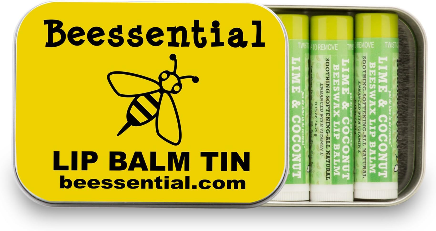 Beesential Lime Coconut Lip Balm Tin (5-Pack) Heals and Prevents Dry and Chapped Lips –– Great for Men, Women, and Children - Moisturizing Beeswax, Coconut, Shea and Cupuacu Butter