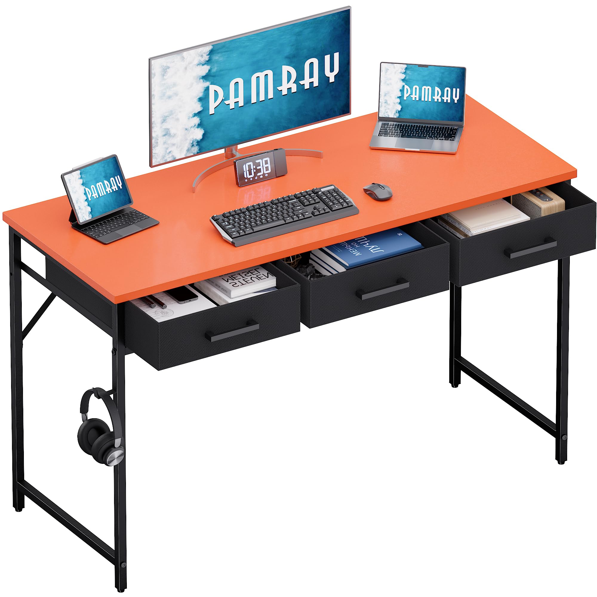 Pamray 47 Inch Small Computer Desk with 3 Drawers for Bedroom Study Writing Home Office Table for Small Spaces Orange Image