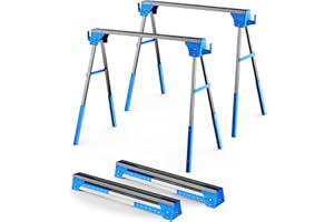 ZYLOQUEX Adjustable Height Sawhorse 2 Pack, Folding Portable Saw Horses with 30-34 inch Adjustable Legs, Heavy Duty Steel Pro Bench Saw Horse for Woodworking, Carpenters, Contractors, Fully Assembled (blue)