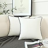 LIGICKY Set of 2 White Velvet Throw Pillow Covers Modern Minimalist Style Solid Decorative Black Rope Edging Soft Square Cushion Cases for Sofa Bedroom Party Décor, 18 x 18 inch