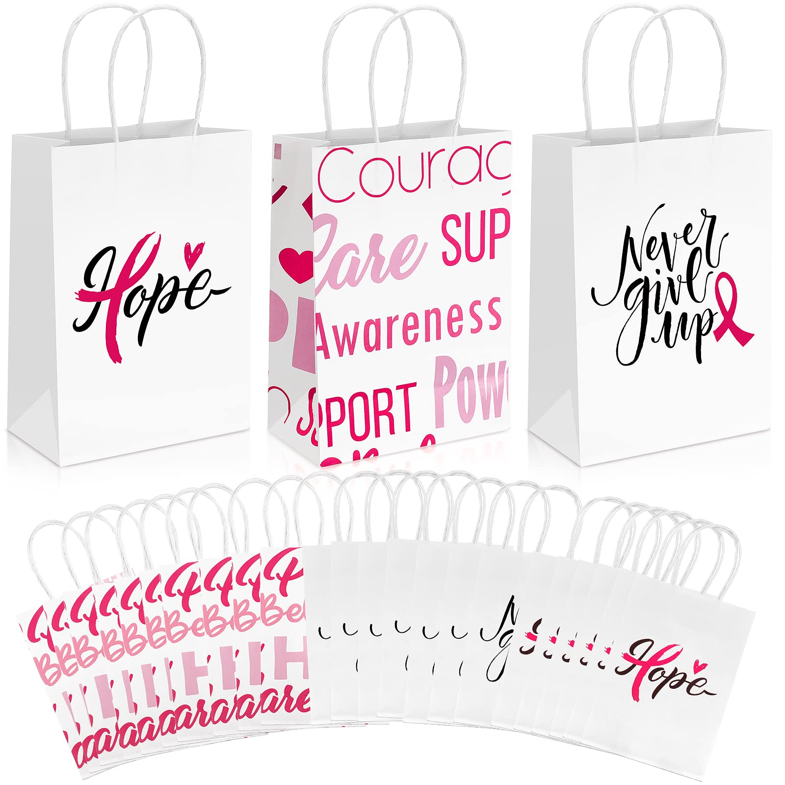 Photo 1 of 24 Pack Breast Cancer Awareness Bags Pink Ribbon Paper Bag Breast Cancer Gift Bag with Handle Faith Courage Hope Treat Bags for Breast Cancer Awareness Charity Theme Party Favor Supplies